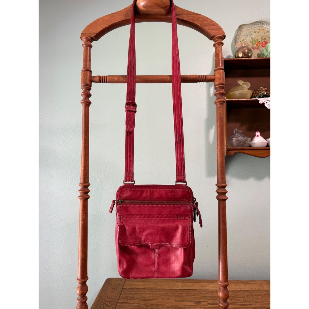 Fossil Red Leather Crossbody Bag Small Messenger Organizer Contrast Stitching